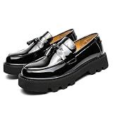 Men's Black Soft Patent Leather Platform Chunky Heel Loafers Fashion Tassel Business Casual Formal Work Shoes Non-Slip Lug Sole Slip-On Penny Loafers (Black,11)