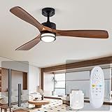 52” Outdoor Ceiling Fan with Light, 3 Walnut Solid Wood Blade, Remote Control, 3CCT Dimmable LED, Timer, 6-Speed Reversible Motor All-Weather Use for Living Room or Patio
