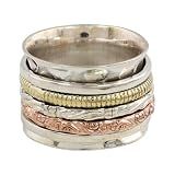 NOVICA Artisan Handmade Sterling Silver Meditation Spinner Ring Copper Brass Textured India Bohemian [band Width 14 mm W] ' Five Senses'