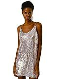 Allegra K Women's Glitter Sequin Dress V Neck Spaghetti Strap Halloween Mini Party Dress Clubwear Large Silver (with Pinks)