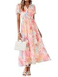 Simplee Women Floral Summer Maxi Dress Boho Flowy Casual Chiffon Short Sleeves V Neck Long Wedding Guest Dresses Red Yellow Floral L