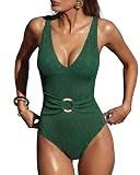 SUUKSESS Women Retro One Piece Swimsuit Metallic Tummy Control V Neck Ribbed Bathing Suit Sexy High Waisted Swimwear (Green,XL)