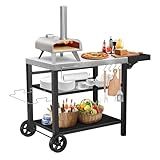 GRILL FORCE Grill Cart, Outdoor Grill Table, Pizza Oven Stand, Three-Shelf BBQ Table, Movable Dining Cart with Drawer, Fits for Ninja Woodfire Grill, Blackstone Griddle,Tabletop Grill
