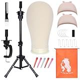 PWEOUKE 23 Inch Wig Stand Tripod with Head Set for Styling Wigs,Canvas Wig Head with Foldable Mannequin Head Tripod for Wigs,Wig Head Stand Tripod with Canvas Block Head for Cosmetology 23 Inch