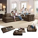 6-in-1 Convertible Sleeper Sofa Bed, 118" L-Shaped Modular Sectional Couch with Fixed Frame, Oversized Boneless Cloud Couch, Corduroy Memory Foam Futon for Living Room, No Tools Assembly, Brown
