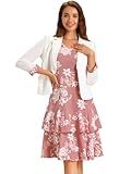 Allegra K Women's Dress Suit Sets 2 pcs Chiffon V Neck Floral Print Contrast Panel Work Jacket Dresses Medium White Pink