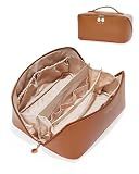 EACHY Travel Makeup Bag for Women, PU Leather Cosmetic Bag, Brown, Large