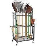 WALMANN Garden Tool Organizer with Wheels for Garage, Rakes/Shovels/Yard Tools Storage Stand for Garden, Shed, Indoor/Outdoor Long-Handled Tools Rolling Cart