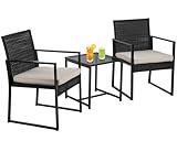 PayLessHere | 3-Piece Outdoor Patio Furniture Set | Khaki | Modern Rattan Bistro Set with Cushioned Chairs & Tempered Glass Coffee Table | Indoor & Outdoor Seating | for Balcony, Garden, Poolside