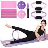 Tsikavo Pilates Ring, Pilates Ring Circle and Ball Set, 14 Inch and 12 Inch Magic Circle Pilates Ring,9 Inch Small Exercise Ball,Resistance Bands Set, Home Pilates Equipment for Women