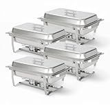 Alpha Living 4 Pack Chafing Dish Full Set – Stainless Steel Catering Chafer with Lids, Pans & Fuel Holders – Buffet Food Warmers for Parties, Events & Weddings – Alpine Gray Handles