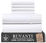 RUVANTI 100% Cotton Percale Sheets King Size 6 Piece Set, Cooling Bed Sheets for Hot Sleepers, Deep Pocket 16”, Breathable Lightweight & Durable, Crisp Hotel Style Sheets, Bright White