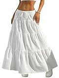 DERAX Women's Boho Flowy Maxi Skirts Elegant Flared Ruffle Hem Elastic High Waisted Summer Fall A Line Long Skirts White S