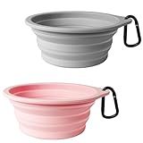PetBonus 2-Pack Silicone Collapsible Dog Bowls, BPA Free Dishwasher Safe, Portable Foldable Expandable Travel Bowl, Food Water Feeding Cup Dish for Dogs Cats with 2 Carabiners （Grey, Chalk Pink）