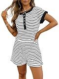 Fisoew Womens Striped 2 Piece Outfits Casual Button Henley Shirts Tops Loose Workout Shorts Matching Lounge Sets