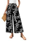 Bestbee Womens Plus Size Palazzo Pants Dressy Casual Wide Leg Gaucho Cropped Pant Business Flowy Slacks Elastic Waist with Pockets, XL, Black-White Flower