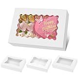Moretoes 30pcs Bakery Boxes, 12x8x2.5 Inches Auto-Popup Cookie Boxes with 3 Style Windows for Chocolate Covered Strawberries, Donuts, Pastries