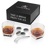 Whiskey Stone Set 7pcs | 4 Hockey Puck Whiskey Stones with Cooling Gel Interior | Hockey Stick Tongs, Elegant Glasses Gift Set | Father's Day Gift