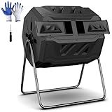 F2C Compost Bin Outdoor 43 Gallon Garden Dual Chamber Composter Bin - Bundled with Pearson's Gardening Gloves, BPA Free, Heavy-Duty Steel Frame, Rotating Tumbler with Sliding Doors -Black