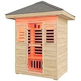 Albott Outdoor Sauna 3 Person, Infrared Saunas for Home, Low EMF 2645W/240V/15A Spruce Wood Dry Sauna with Tourmaline Stone Foot Warmer, 7-Color Light Therapy & 2 Bluetooth Speakers, 60.2"x43.3"x98.4"