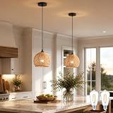 AyshwillDec 2 Pack Wicker Pendant Light Natural Woven Pendant Light Boho Chandelier Light Fixture Dome Rustic Farmhouse Pendant Lights Rattan Light Fixture for Kitchen Island Dining Room (Bulb Incl.)