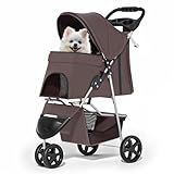 MoNiBloom Foldable Dog Strollers for Small Dogs with Weather Cover, 3 Wheels Pet Strolling Cart for Dogs and Cats with Storage Basket and Cup Holder, Breathable and Visible Mesh for All-Season, Coffee