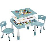 CuFun 4 in 1 Kids Table and 2 Chairs Set, Toddler Table and Chair Set for Kids Ages 3-10, Activity Tables for Building Blocks/Drawing/Reading/Dining，Gift for Boy & Girl (Grayish Blue)