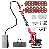 Drywall Sander, 1000W Popcorn Ceiling Removal Tool, Foldable Automatic Drywall Sander with Vacuum Dust Collection, LED Light, 6 Variable Speed 800-2200RPM,15Pcs Sanding Discs (Red）