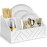 Paper Plate Dispenser, Paper Plate Holder for Kitchen Counter, Wood Rustic Silverware Utensil Caddy, Cutlery Flatware Organizer Box for Cups Spoons Forks Plates Napkins, Kitchen Accessories (White)