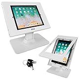 Anti Theft Tablet Security Stand - Table Mount Desktop Ipad Kiosk Stand w/Lock and Key Mechanism, 90° Rotate 75° Tilt - iPad, iPad Air, iPad Pro, Samsung Galaxy Tab A (2021) - Pyle PSPADLK18, White