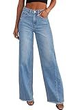 Sidefeel Women's Wide Leg Jeans High Waisted Stretchy Raw Hem Denim Pants Size 18 Light Blue
