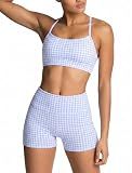 IMEKIS Workout Sets for Women: Cute 2 Piece Yoga Outfit Matching Pilates Tracksuits High Waisted Running Biker Shorts with Sport Bra Exercise Clothes Athletic Gym Active Wear # Blue Gingham X-Small