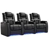 Weilianda Home Theater Seating Top Grain Leather, Zero Gravity Movie Theater Chairs Set, Power Headrest Recliner Chair Gaming Seats, 7 Colors Mood Light Sofa with Tray Table USB Charge Row of 3 Black