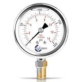 CARBO Instruments Stainless Steel Pressure Gauge Dual Display (0-200 psi/kPa) - 2 1-2" Glycerine Liquid Filled Water Air Oil Gas Gauge with Polycarbonate Lens & Brass Connection - 1/4" NPT Lower Mount