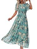 Womens Floral Maxi Dress Short Sleeve Summer Boho Wedding Guest Dress Empire Waist Chiffon Modest Midi Dresses (Lake Blue XL)