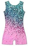 Funnycokid Gymnastics Leotards for Girls Kids Outfits Sparkly Unitards Clothes with Shorts, diamond 02, 6-7 Years