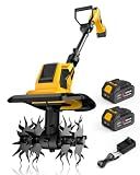 DEGGE Tiller, Cordless Tiller Cultivator with 48 Steel Tines, 9 inch Tilling Width and 6.7 inch Depth, 2 x 3.0Ah 21V Batteries & Charger, Gardening Tools for Lawn/Gardening/Soil Cultivation