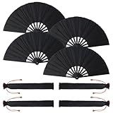 4 Pack Large Clack Hand Fans - Black Folding Hand Fans with Nylon Cloth for Popping,Dance, Rave & Festival | Portable Kung Fu & Tai Chi Performance Fan Accessories for Men/Women (Gifts, Decorations)
