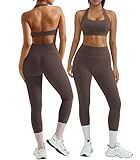 OMKAGI 2 Piece Workout Sets for Women Halter Sports Bras Gym Sets Booty Leggings Outfits (M,447-Brown)