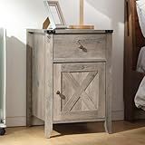 Betterhood Barnwood Rustic Farmhouse Nightstand, Side Table with Barn Door and Drawers, Weathered Oak Style End Table for Living Room Bedroom, Grey Wash Oak, 1 Pack