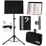 GLEAM Sheet Music Stand - Full Metal with Carrying Bag, Phone Holder, Sheet Music Folder and Clip, 5 in 1 Desktop Book Stand - Black