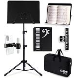GLEAM Sheet Music Stand - Full Metal with Carrying Bag, Phone Holder, Sheet Music Folder and Clip, 5 in 1 Desktop Book Stand - Black