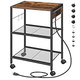 HOOBRO Industrial Printer Stand, 3-Tier Mobile Printer Table, Rolling Cart with Power Outlets and USB Ports, Home Printer Stand with 2 Hooks, for Office, Living Room, Rustic Brown BF22UPS01
