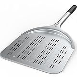 Pizza Peel – 12'' Aluminum Perforated Launch Placement Retrieving Peel – Metal Hanging Hook – Lightweight Turning Peel – Non-stick Pizza Paddle – Outdoor Pizza Oven Accessories