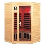 SALUSHEAT Far Infrared Wooden Sauna Room, 2-3 Person Home Sauna Canadian Hemlock Indoor Corner Sauna Spa, 2 Bluetooth Speakers, 2 LED Reading Lamp, 3 Chromotherapy Lights