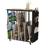 NinPeen Large Art Storage Rack with Wheels and Handle,Metal Art Storage Organizer with Side Pockets,Art Display Stands Drying Painting for Canvas,Frame,Drawing Board,Gallery,Artworks (Brown)