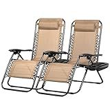 Nazhura Set of 2 Relaxing Recliners Patio Chairs Adjustable Steel Mesh Zero Gravity Lounge Chair Beach Chairs with Pillow and Cup Holder Khaki (Kahki)
