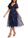 Ever-Pretty Women's V Neck A Line Cocktail Dresses Embroidery Short Sleeves Midi Sequin Formal Wedding Guest Dress Navy Blue US8