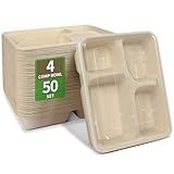 bloomoon 4 Compartment Paper Bowls with Lids, Food-Tray-Style 4 Compartment Catering Bowl with Lid, Disposable Lunch Tray for Catering Services at Party, Restaurant - 50 Bowls 50 Lids