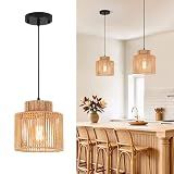 Boho Rattan Pendant Light, Hand Woven Hanging Lamp for Kitchen Island